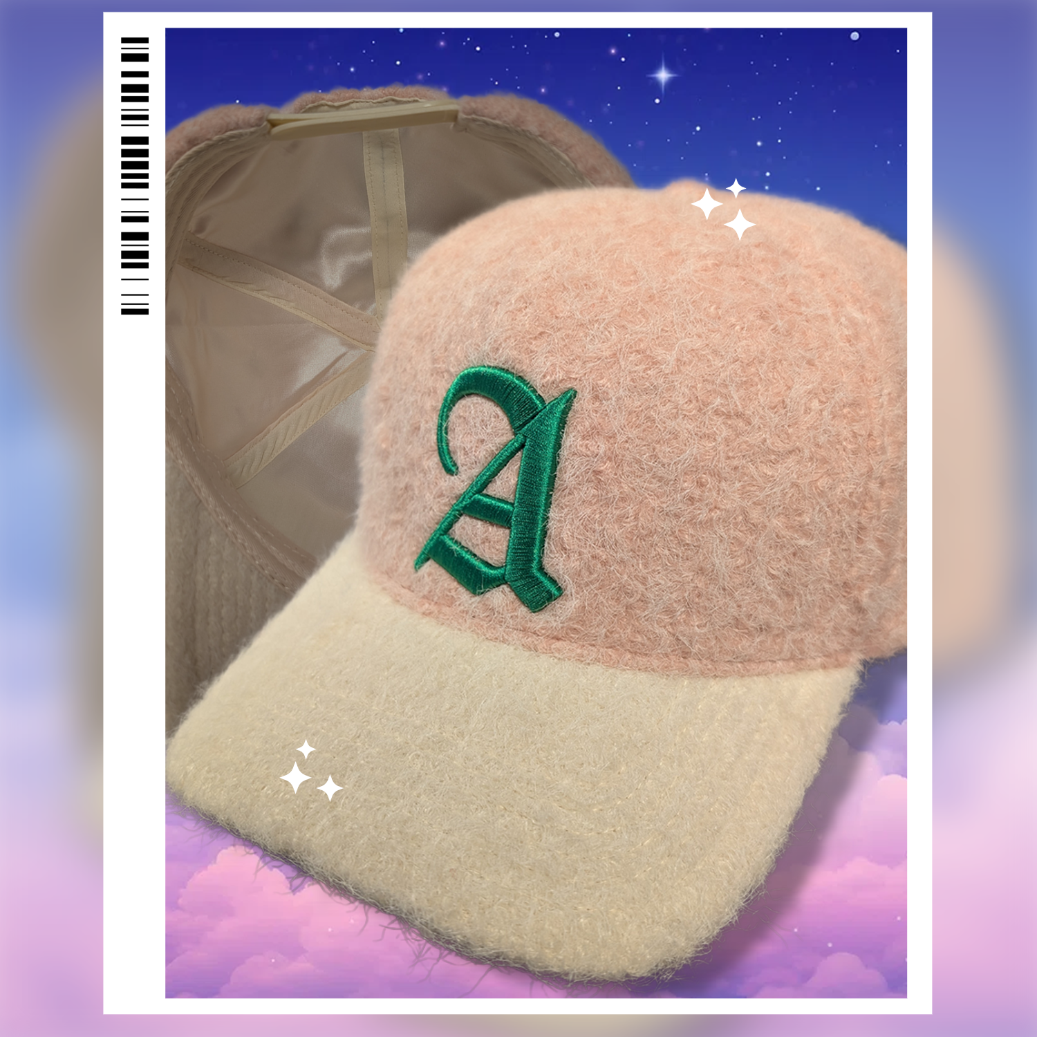pink and cream hat with green A embroidered