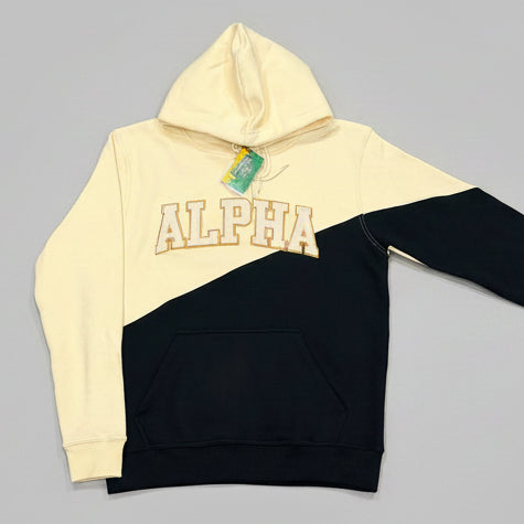 black and cream hoodie with the word "alpha" on chest