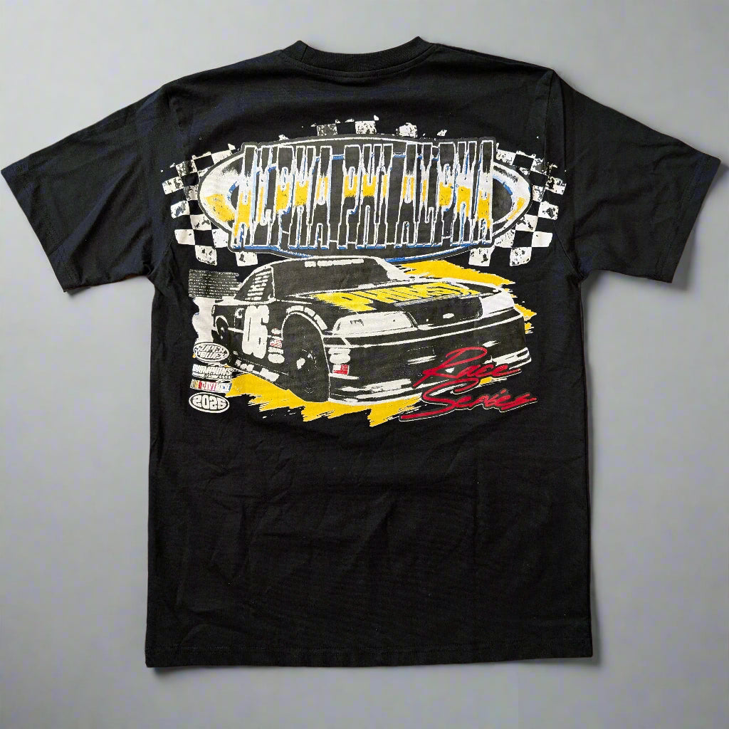Black t-shirt with a graphic of a car and text on a wooden surface