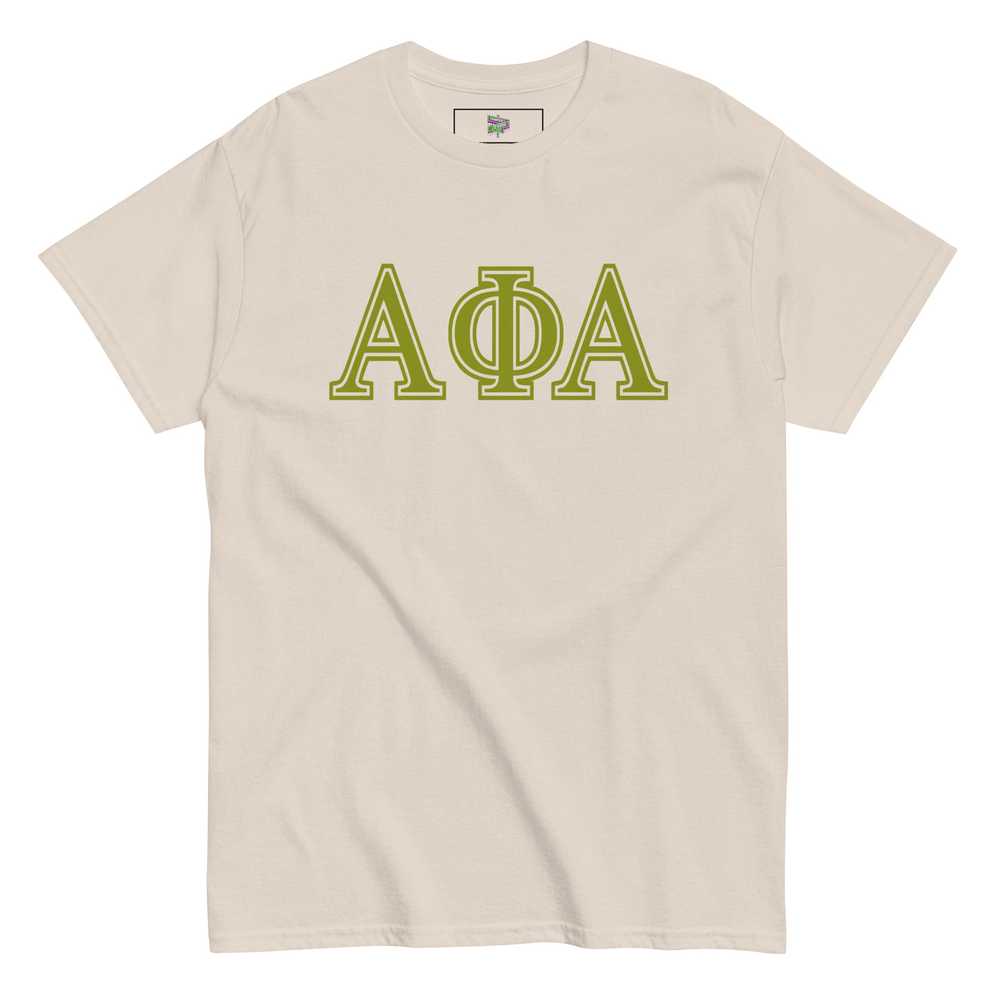 cream tshirt with greek letters "alpha phi alpha"