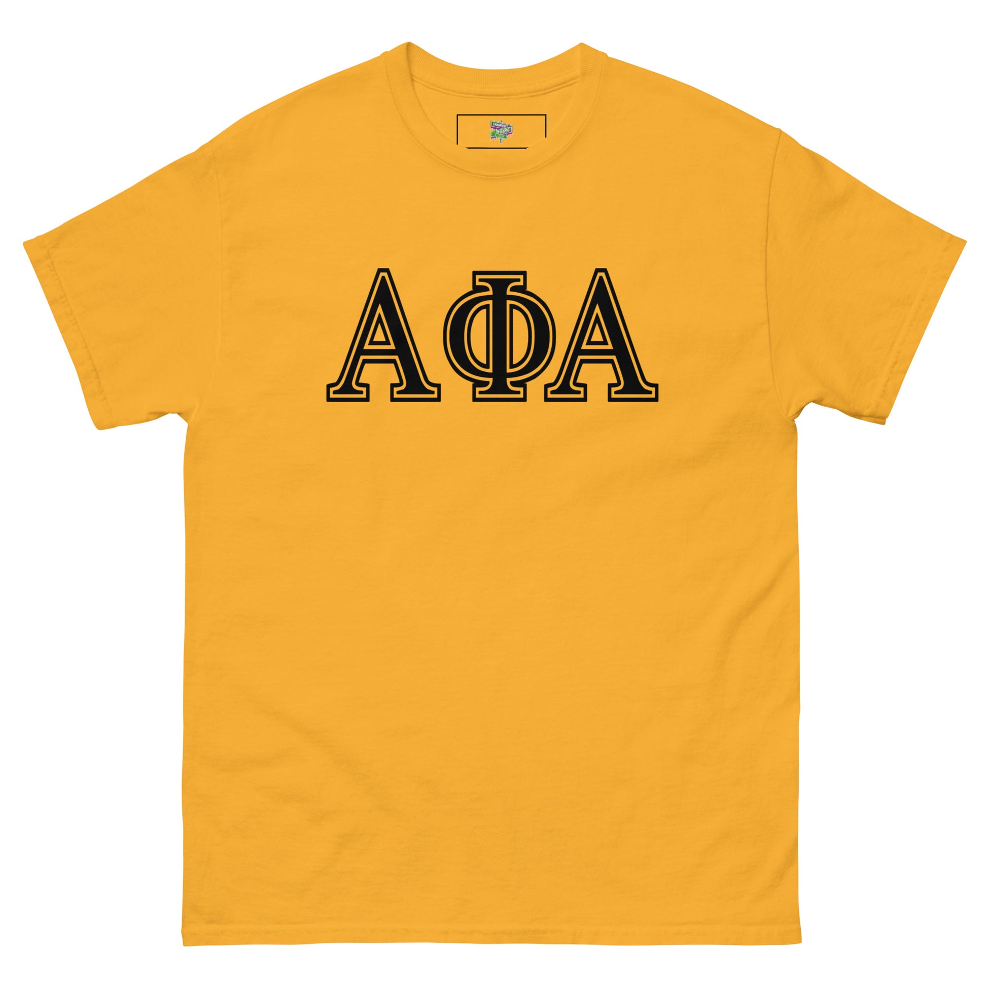 gold shirt with greek letters "alpha phi alpha"