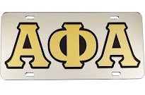 Alpha Phi Alpha license plate with gold letters on a silver background