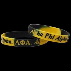 Two Alpha Phi Alpha bracelets on a black background