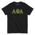Black t-shirt with 'A Phi A' letters on a white background