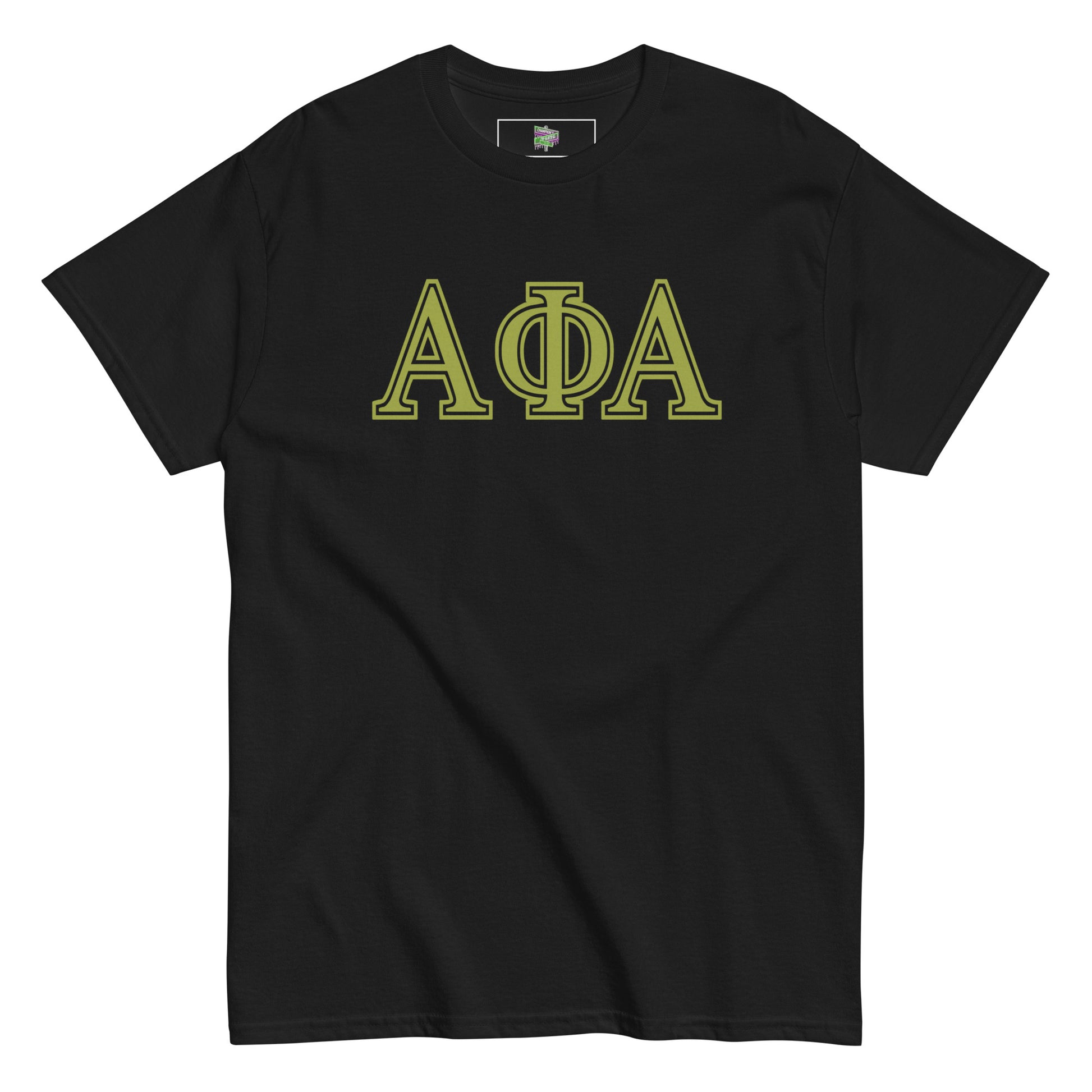 Black t-shirt with 'A Phi A' letters on a white background