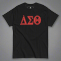 Black t-shirt with red Delta Sigma Theta letters on a gray background
