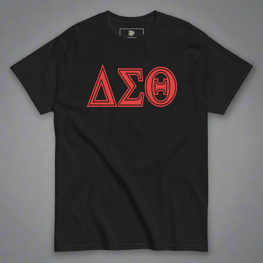 Black t-shirt with red Delta Sigma Theta letters on a gray background