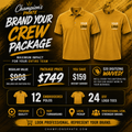 Promotional graphic for a 'Brand Your Crew Package' with yellow shirts and text detailing savings and package details.
