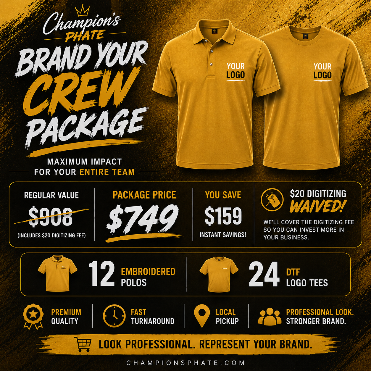 Promotional graphic for a 'Brand Your Crew Package' with yellow shirts and text detailing savings and package details.