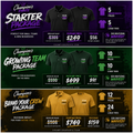 Promotional graphic for Champion's Phate customizable clothing packages with text and product images.