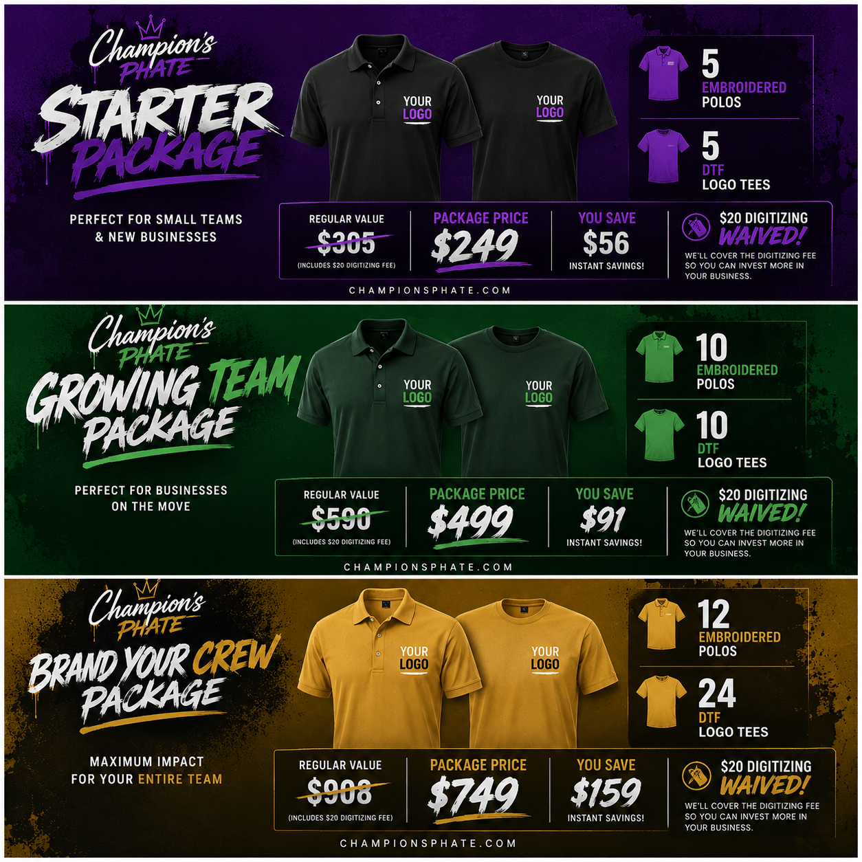 Promotional graphic for Champion's Phate customizable clothing packages with text and product images.