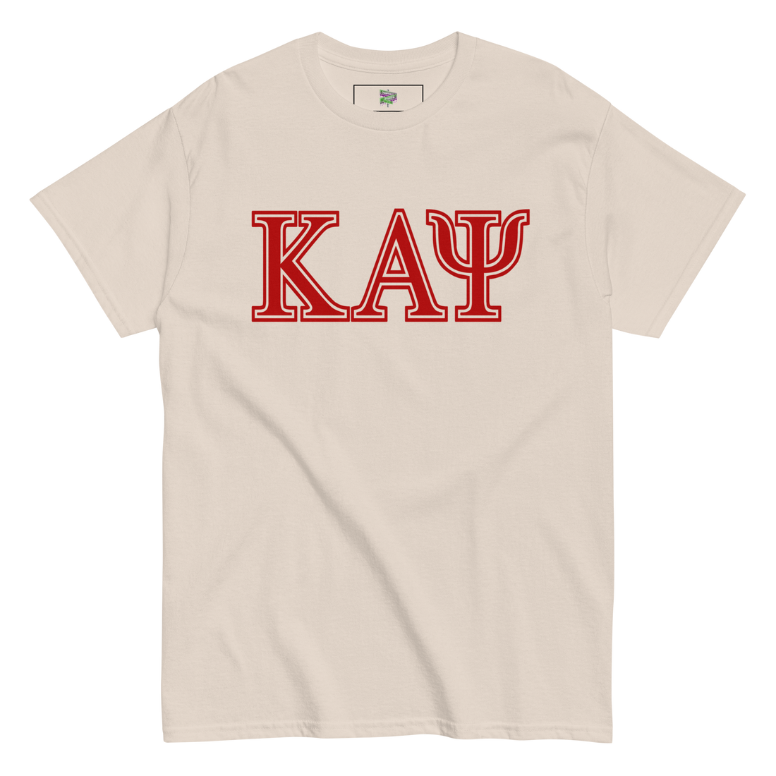 Beige t-shirt with red 'Kappa Alpha Psi' letters on a white background