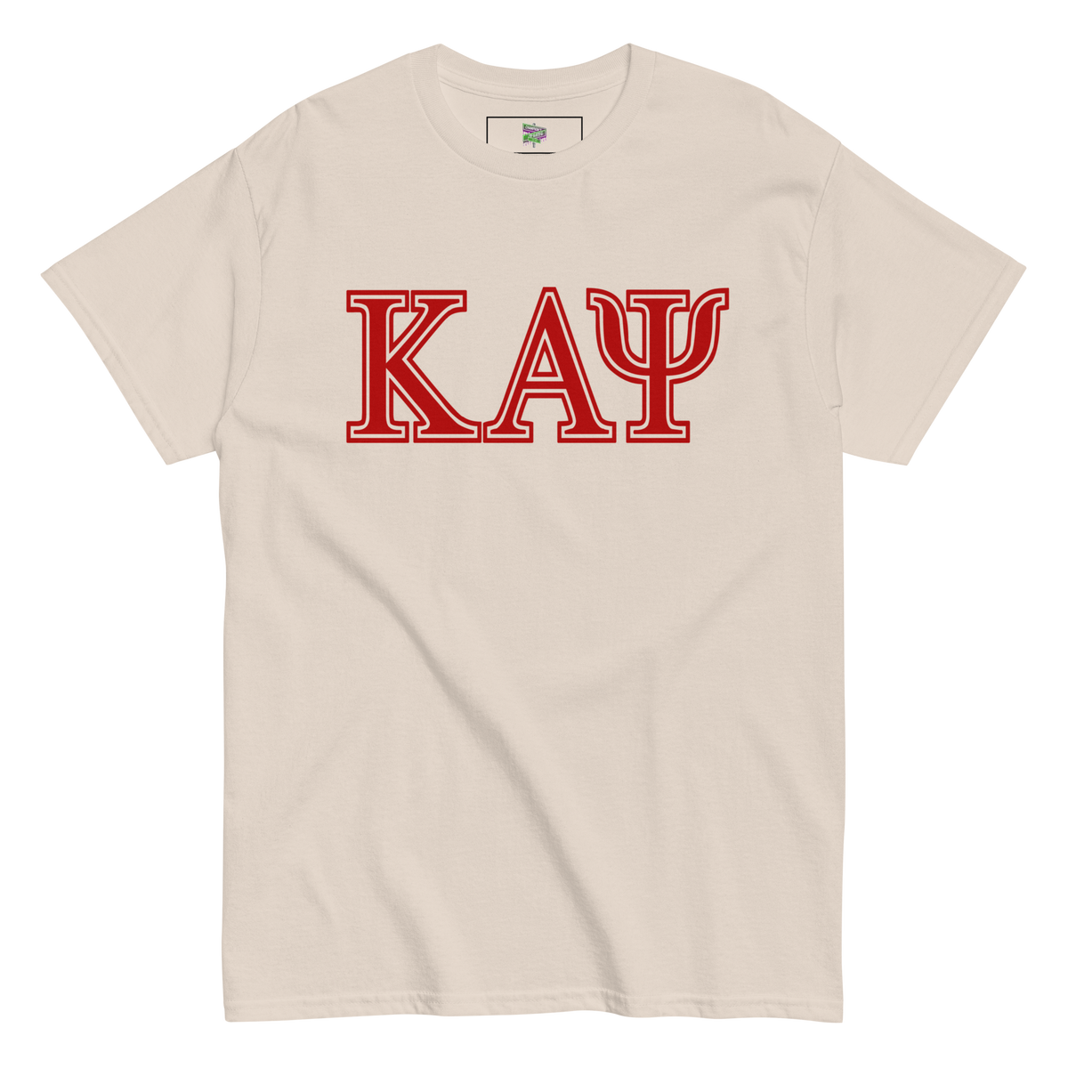 Beige t-shirt with red 'Kappa Alpha Psi' letters on a white background