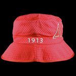 Red bucket hat with white Greek letters on a black background