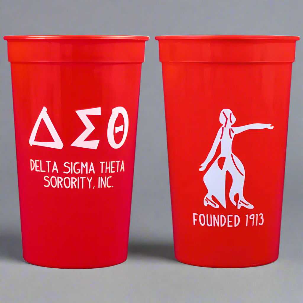 Two red cups with Delta Sigma Theta Sorority, Inc. branding on a gray background