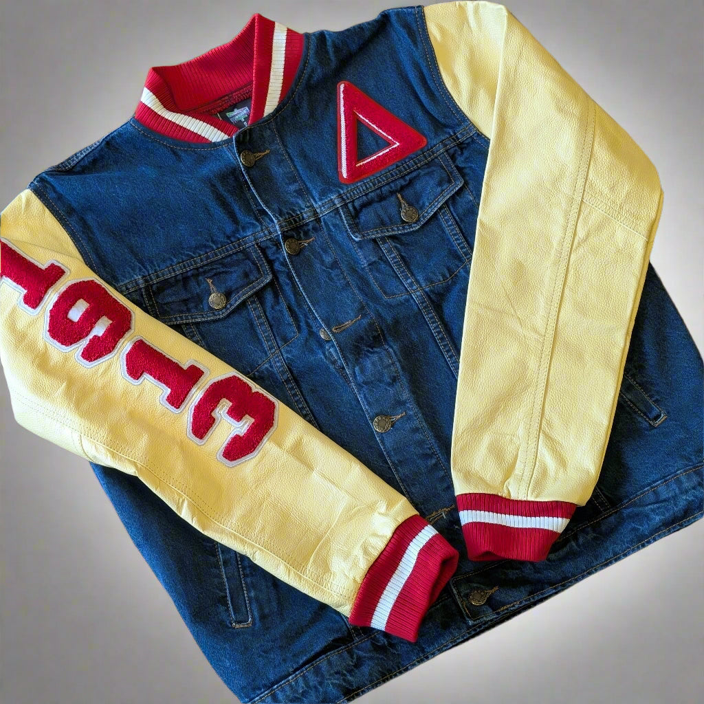 Denim jacket with cream sleeves and red accents 