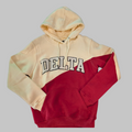 crimson and cream hoodie with 'DELTA' on chest