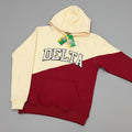 crimson and cream hoodie with word 
