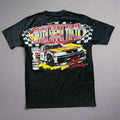 Black t-shirt with a graphic of a car and text on a gray background
