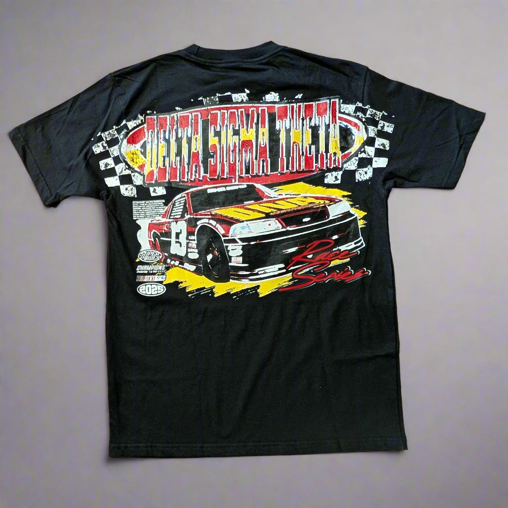 Black t-shirt with a graphic of a car and text on a gray background