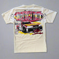 Beige t-shirt with race car graphic and text on a gray background