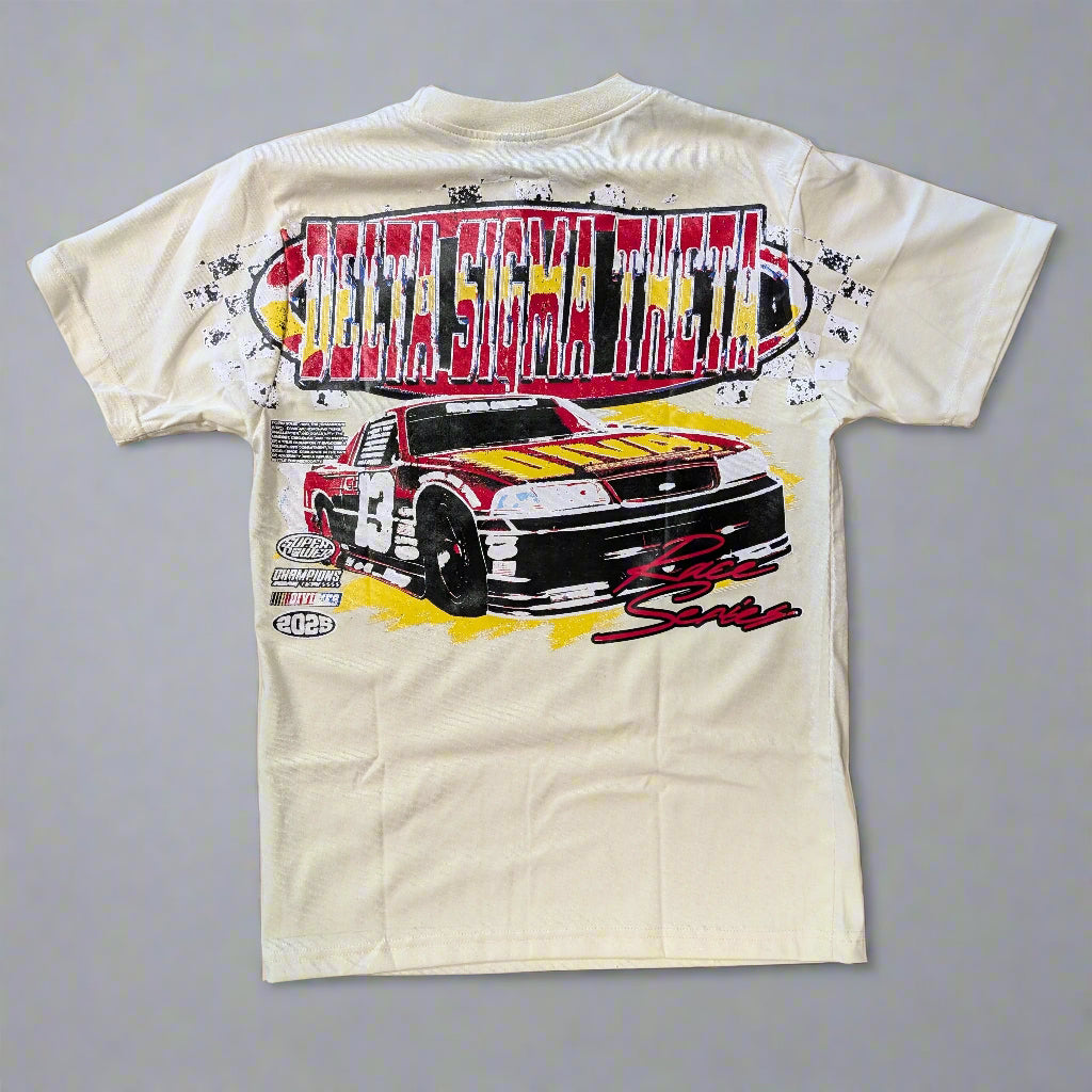 Beige t-shirt with race car graphic and text on a gray background