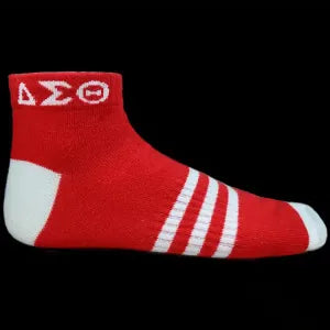 Red ankle sock with white stripes and a logo on a black background