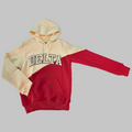 cream and red two tone Hoodie with 'DELTA' text trimmed in black