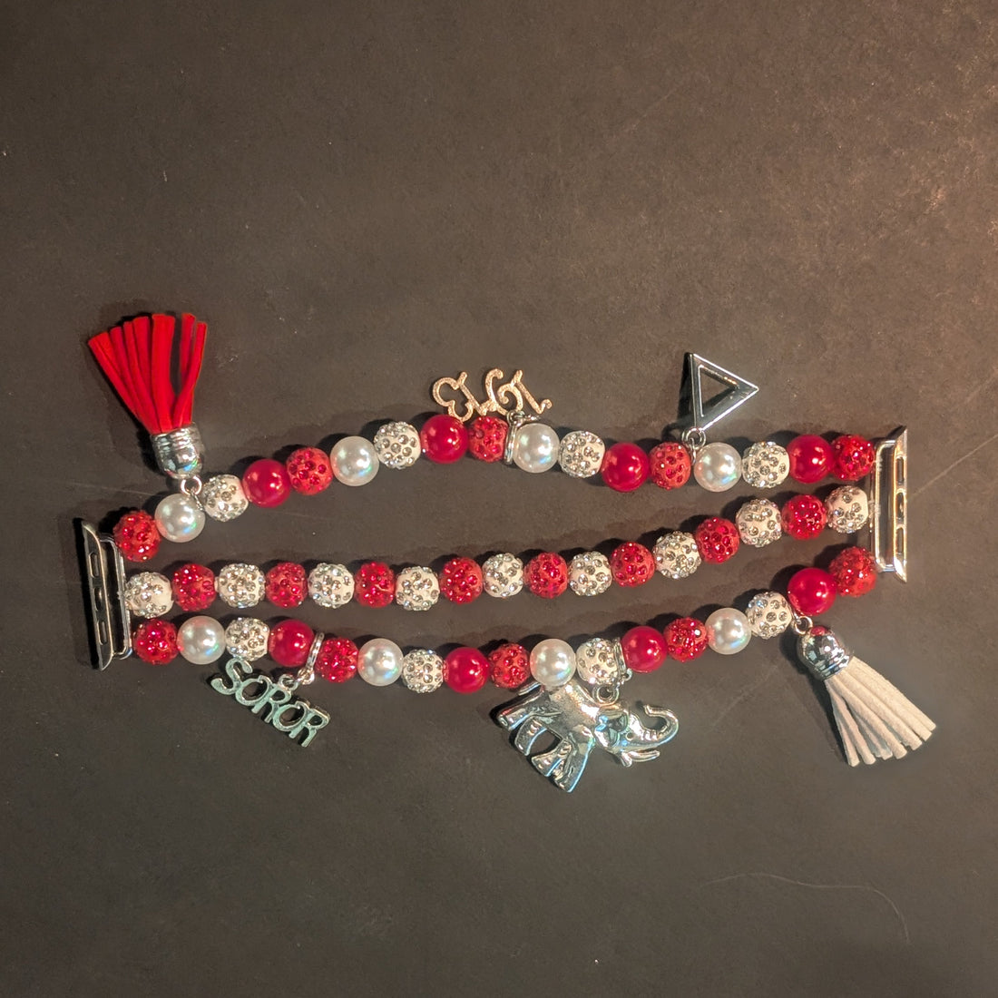 Red and white beaded apple watch band/bracelet with tassels and charms for Delta Sigma Theta