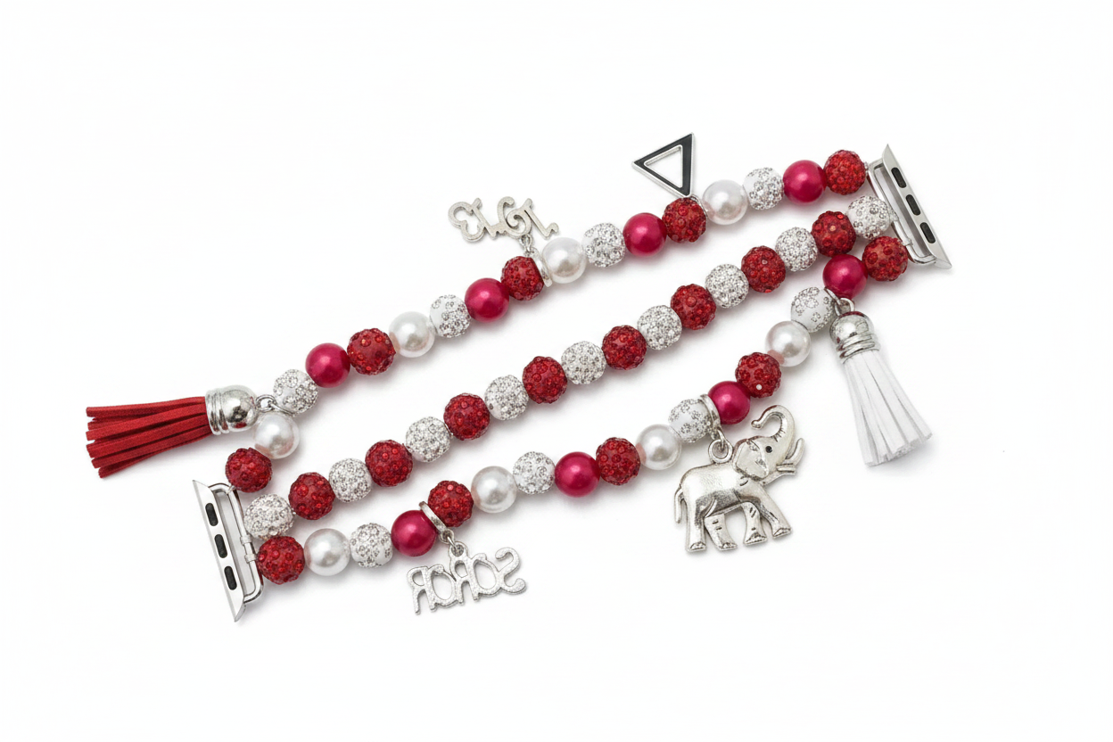 Red and white beaded apple watch band/bracelet with tassels and charms for Delta Sigma Theta