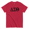 red tee with greek letters 