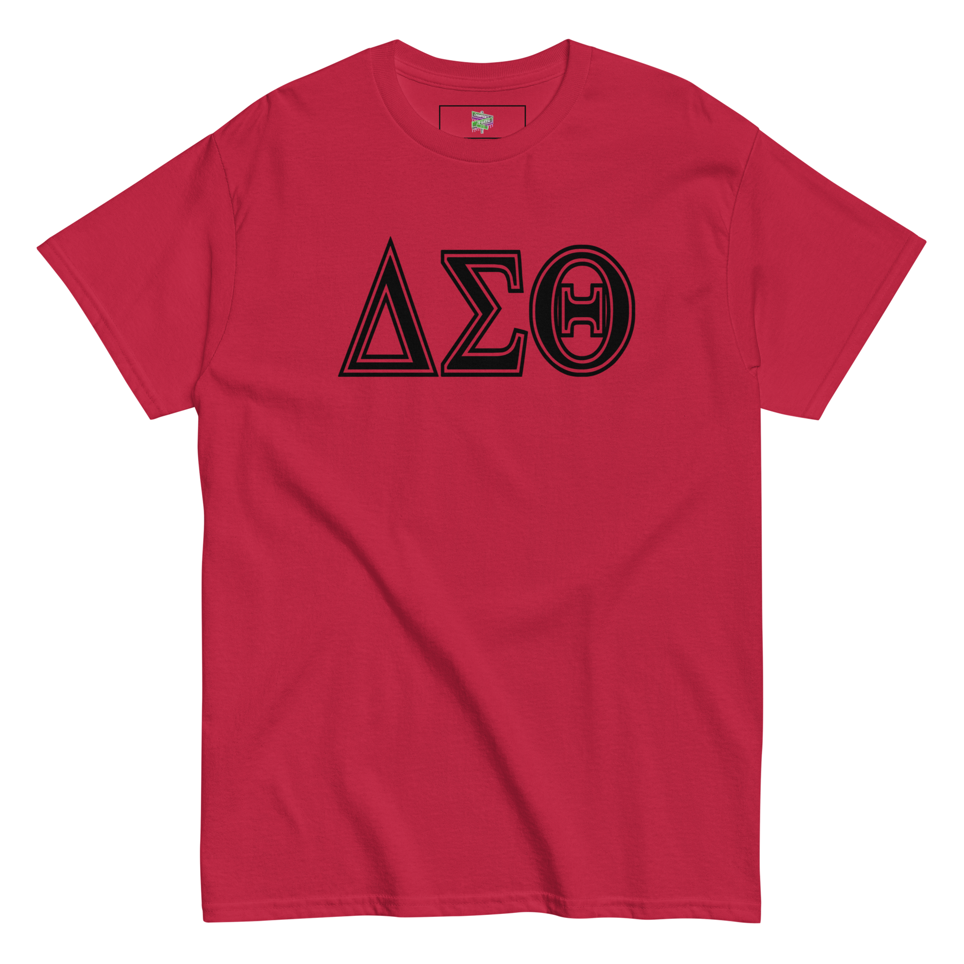 red tee with greek letters "delta sigma theta"