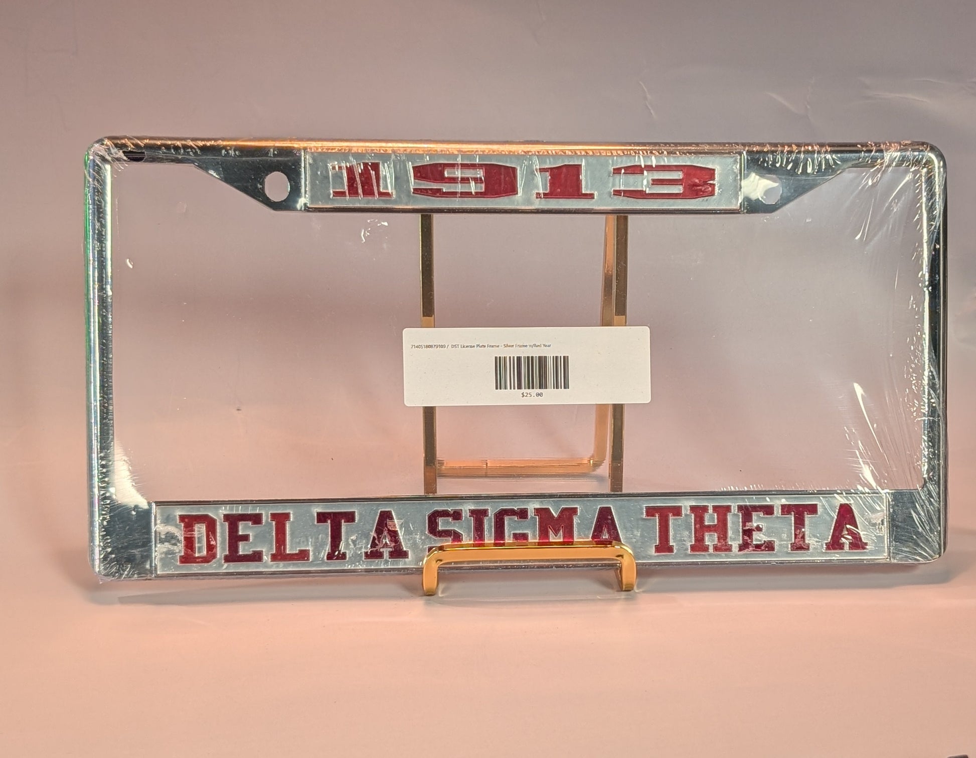 Delta Sigma Theta license plate frame with clear plastic wrapping