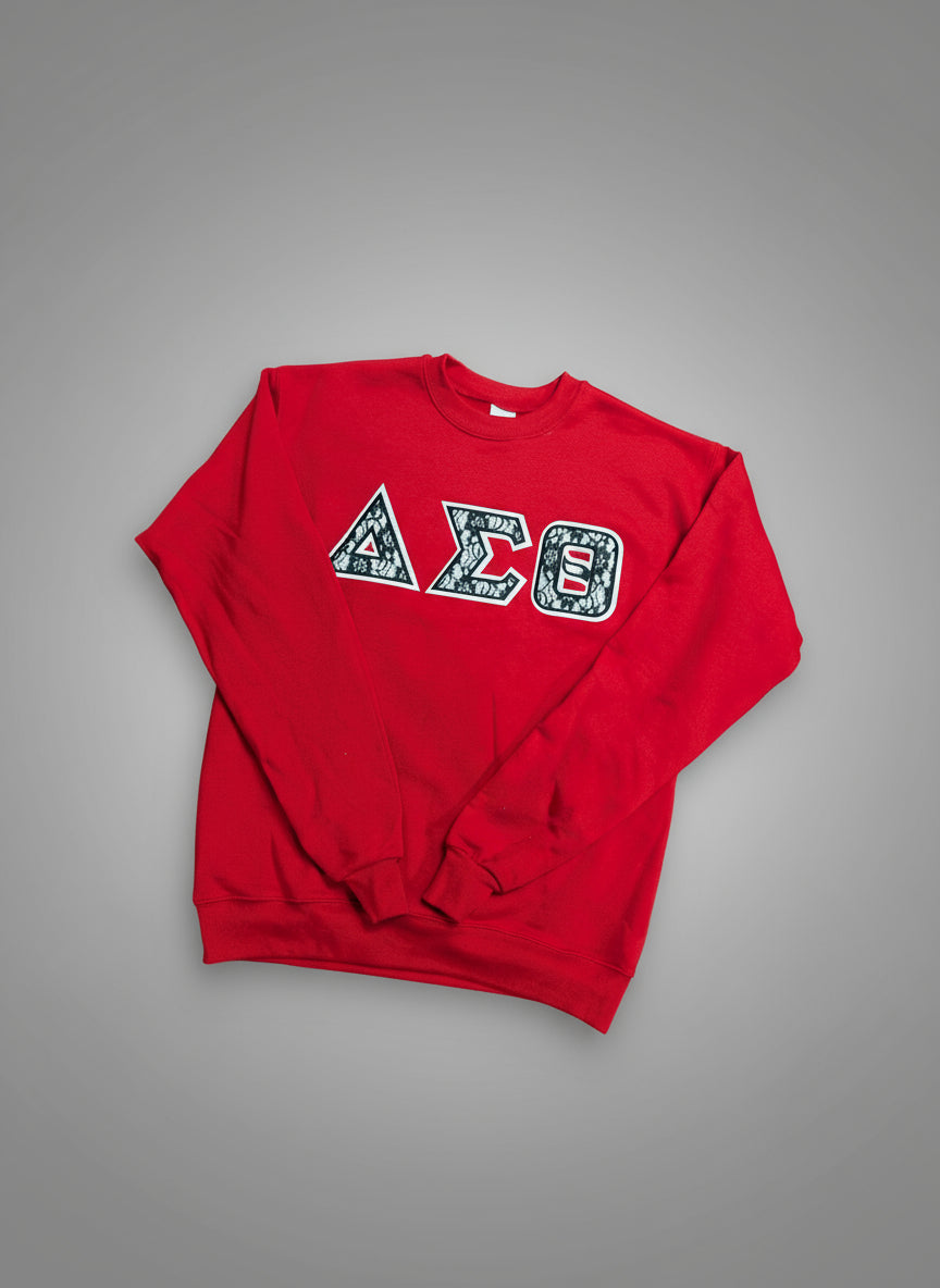 Red sweatshirt with Greek letters on a gray background