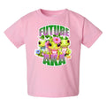 Pink t-shirt with cartoon frogs and text on a white background