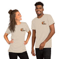 Two people wearing matching beige t-shirts with a design on a white background