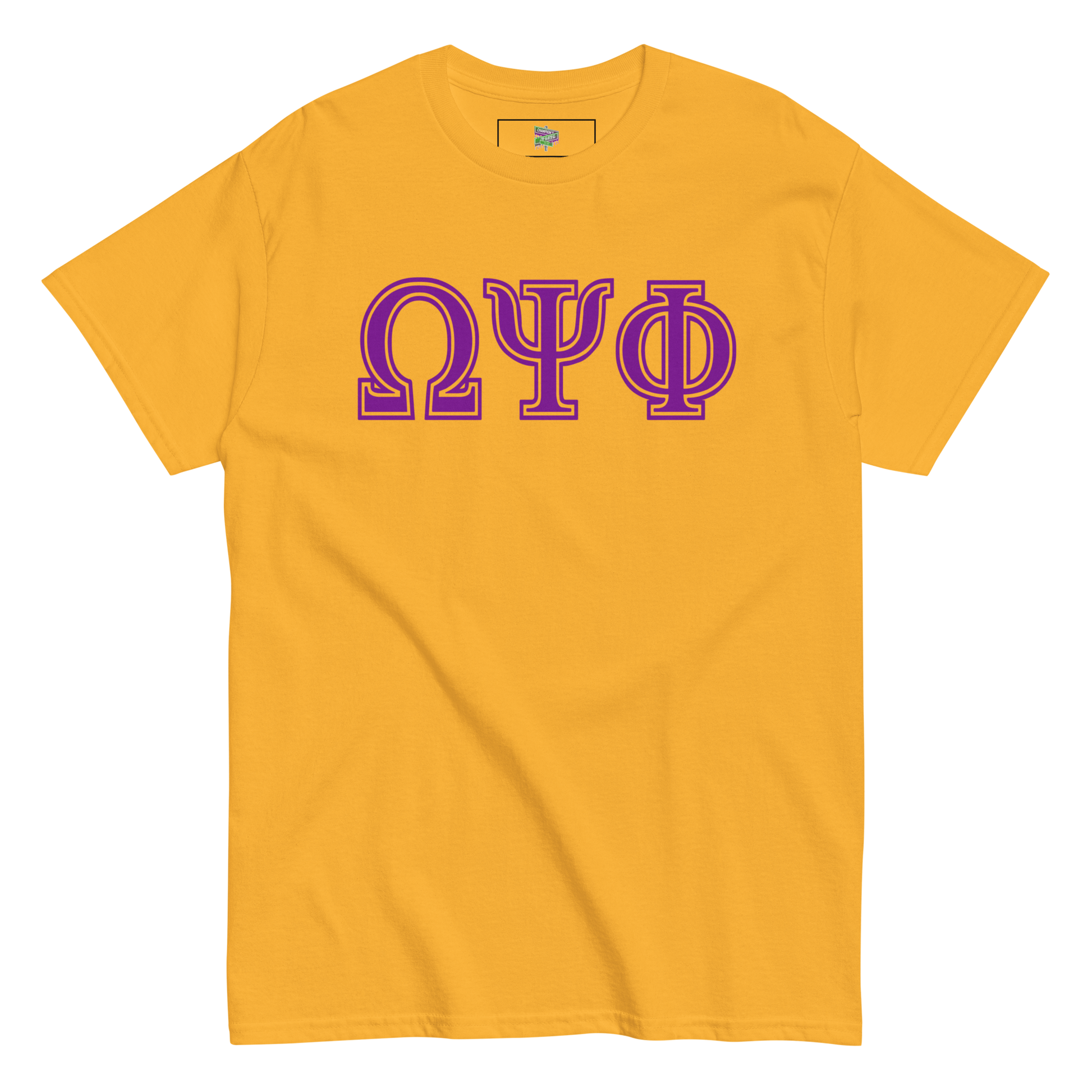 gold t shirt with greek letters "omega psi phi"