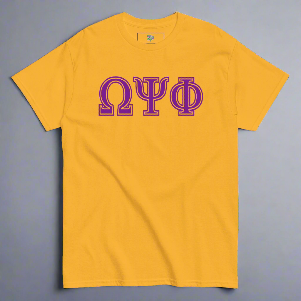 Yellow t-shirt with purple Omega Psi Phi letters on a gray background