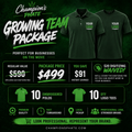 Promotional graphic for Champion's Phate Growing Team Package with green polos and logo tees on a dark background.