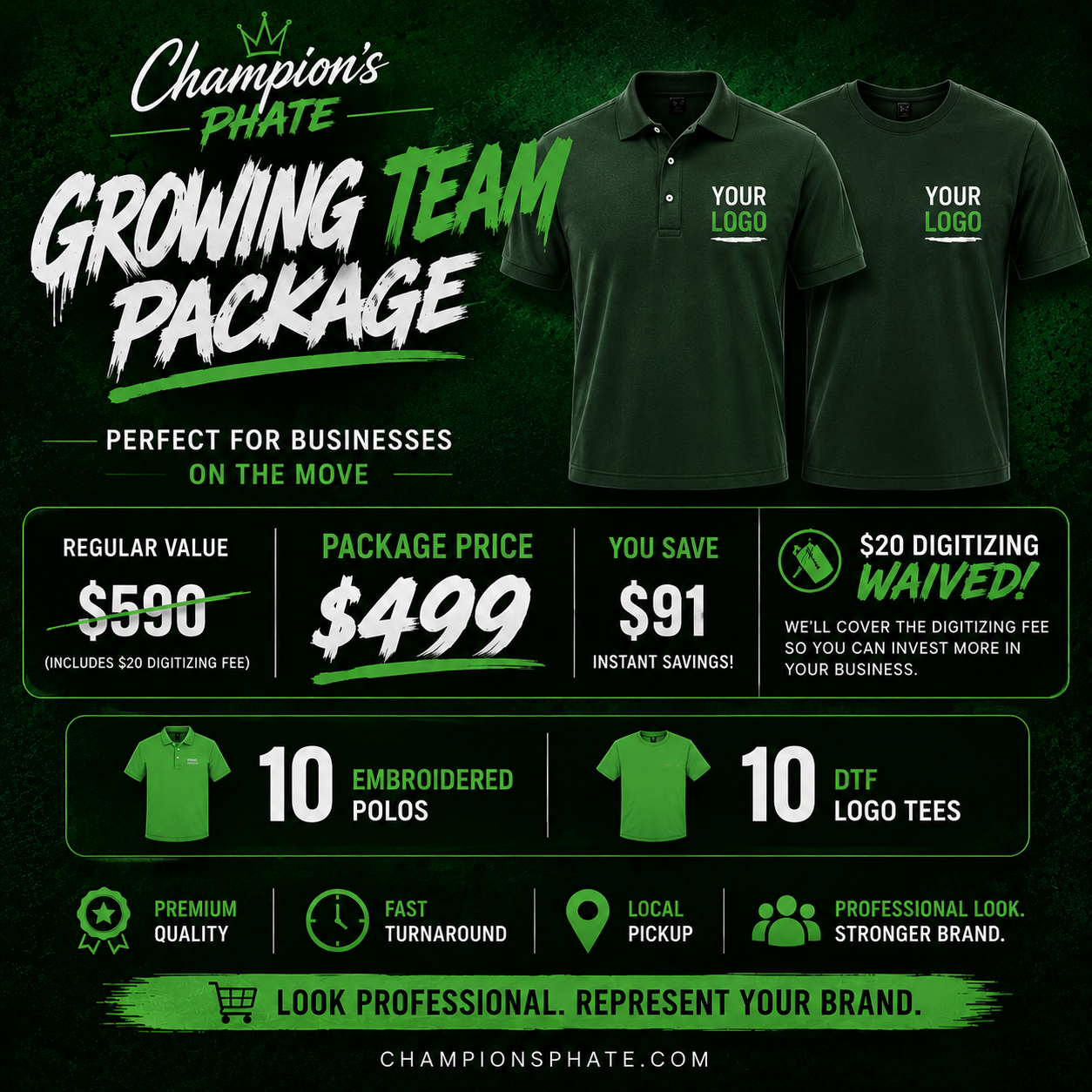 Promotional graphic for Champion's Phate Growing Team Package with green polos and logo tees on a dark background.