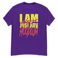 purple shirt with text graphic