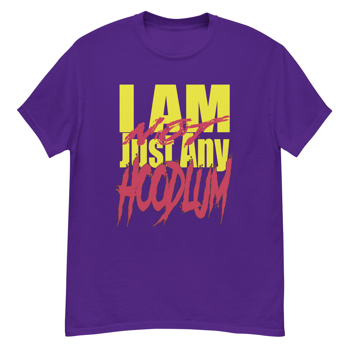 purple shirt with text graphic
