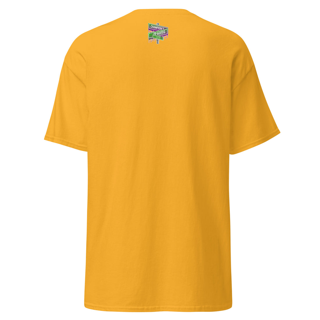 Yellow t-shirt with purple and red text on a white background