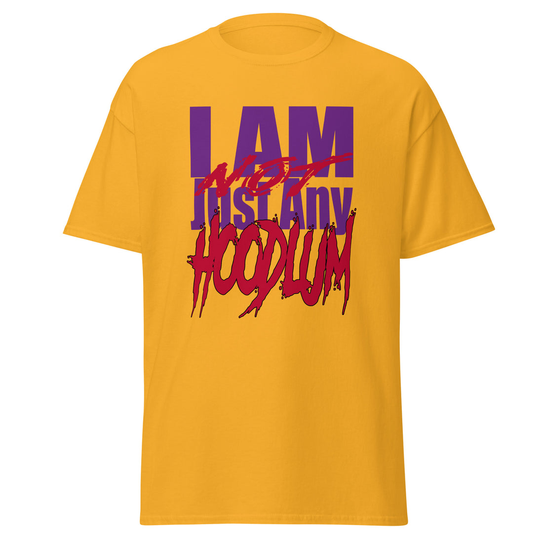 Yellow t-shirt with purple and red text on a white background