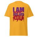 Yellow t-shirt with purple and red text on a white background