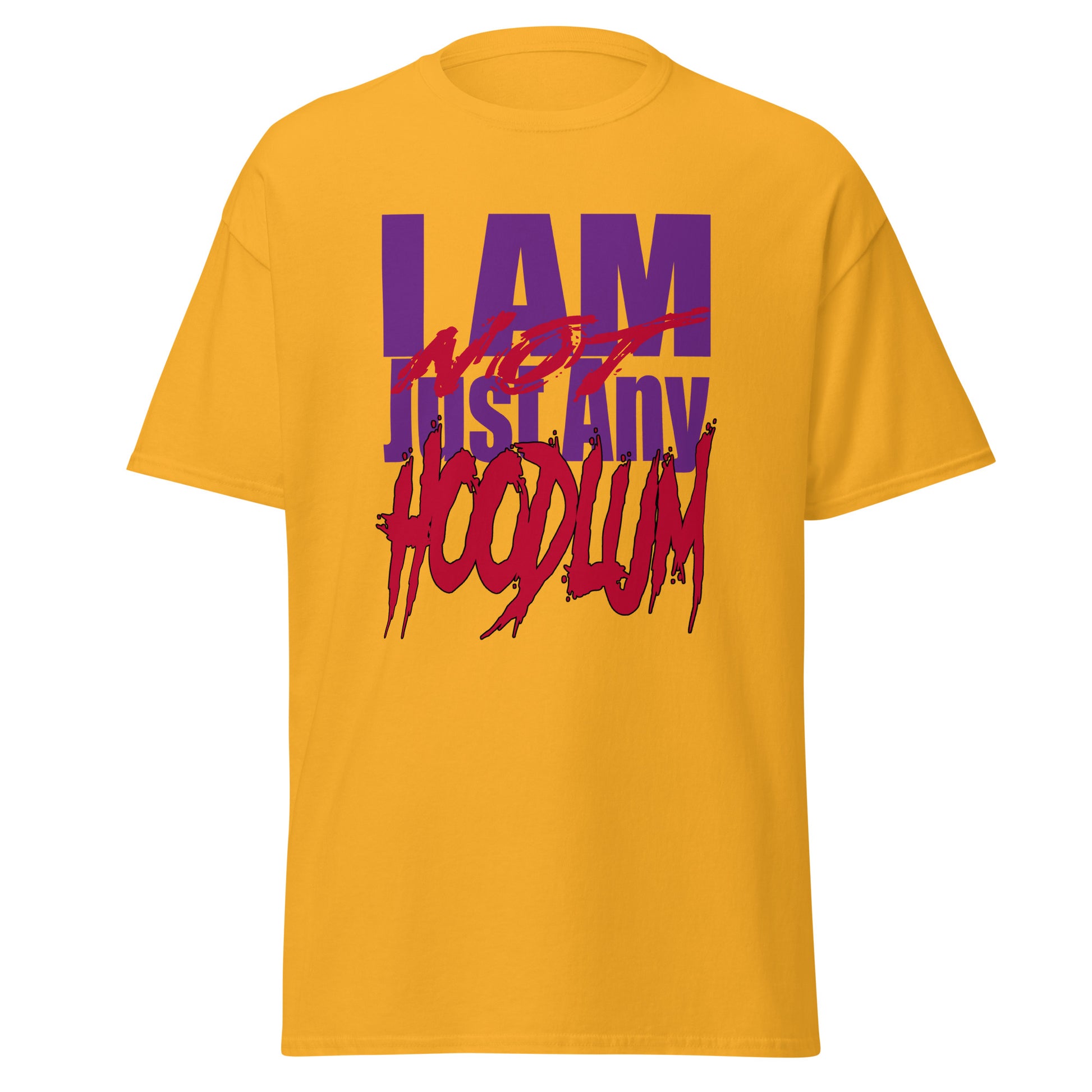 Yellow t-shirt with purple and red text on a white background