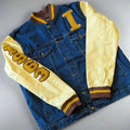 denim and yellow varsity jacket 