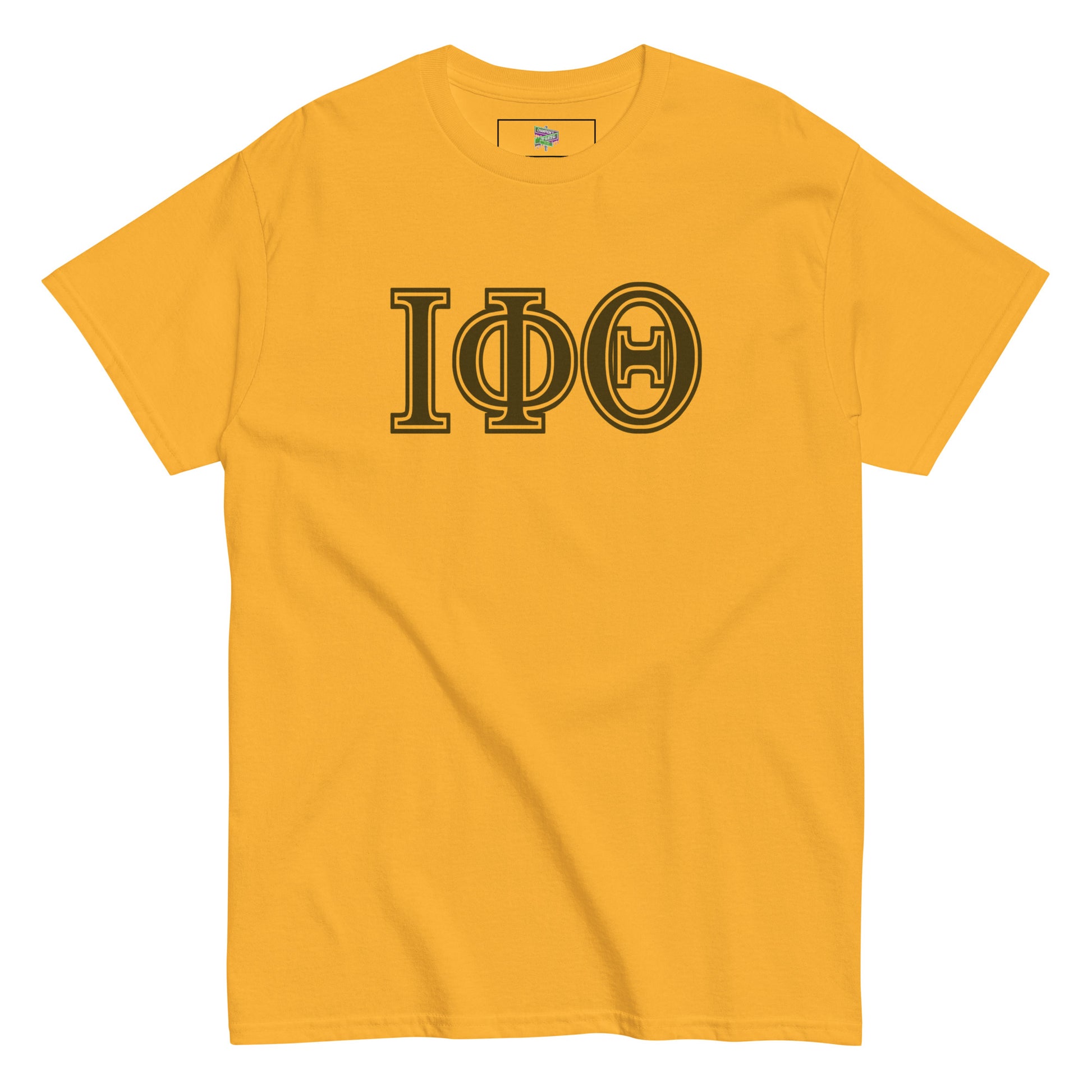gold tshirt with greek letters "iota phi theta"