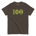 brown tee with greek letters 