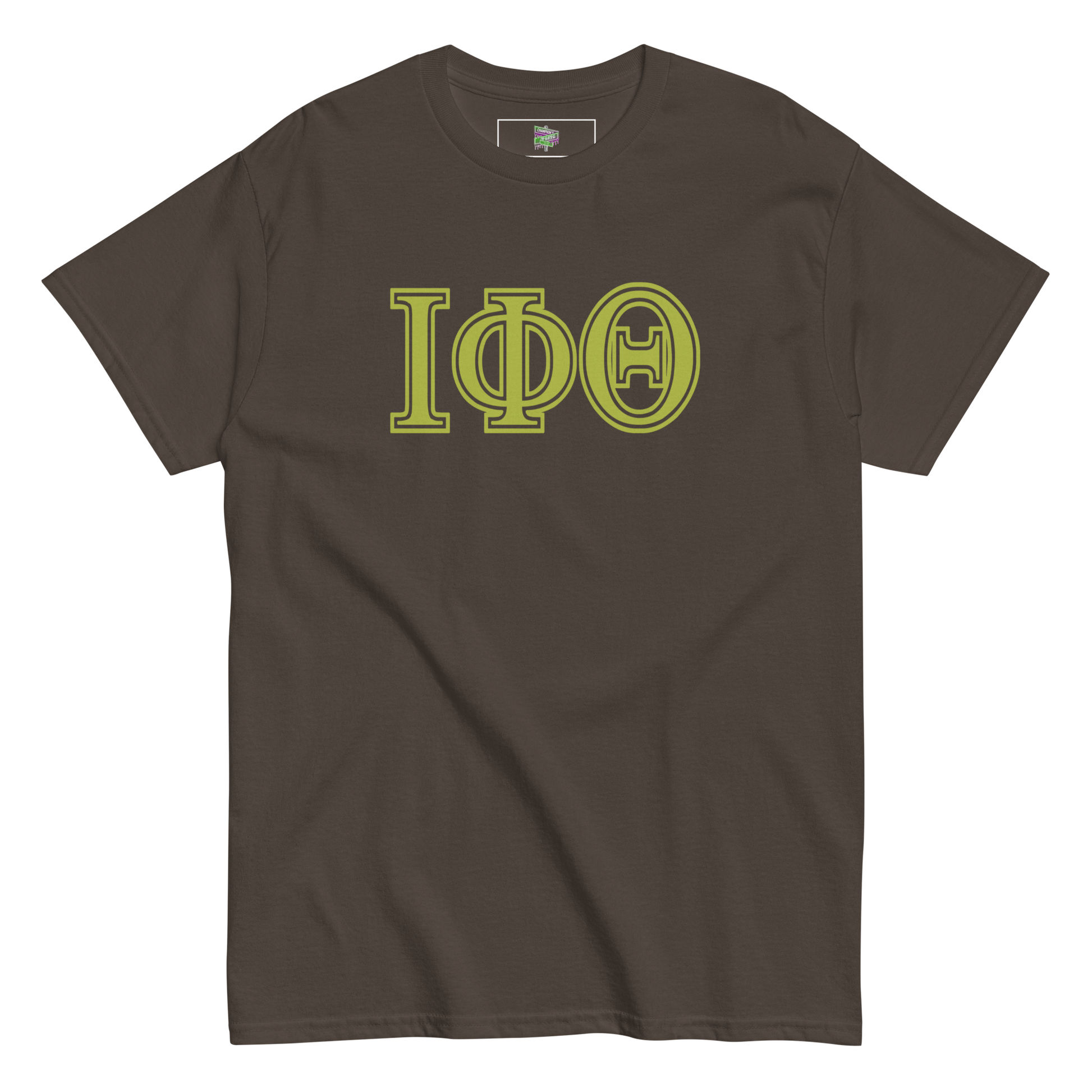 brown tee with greek letters "iota phi theta"